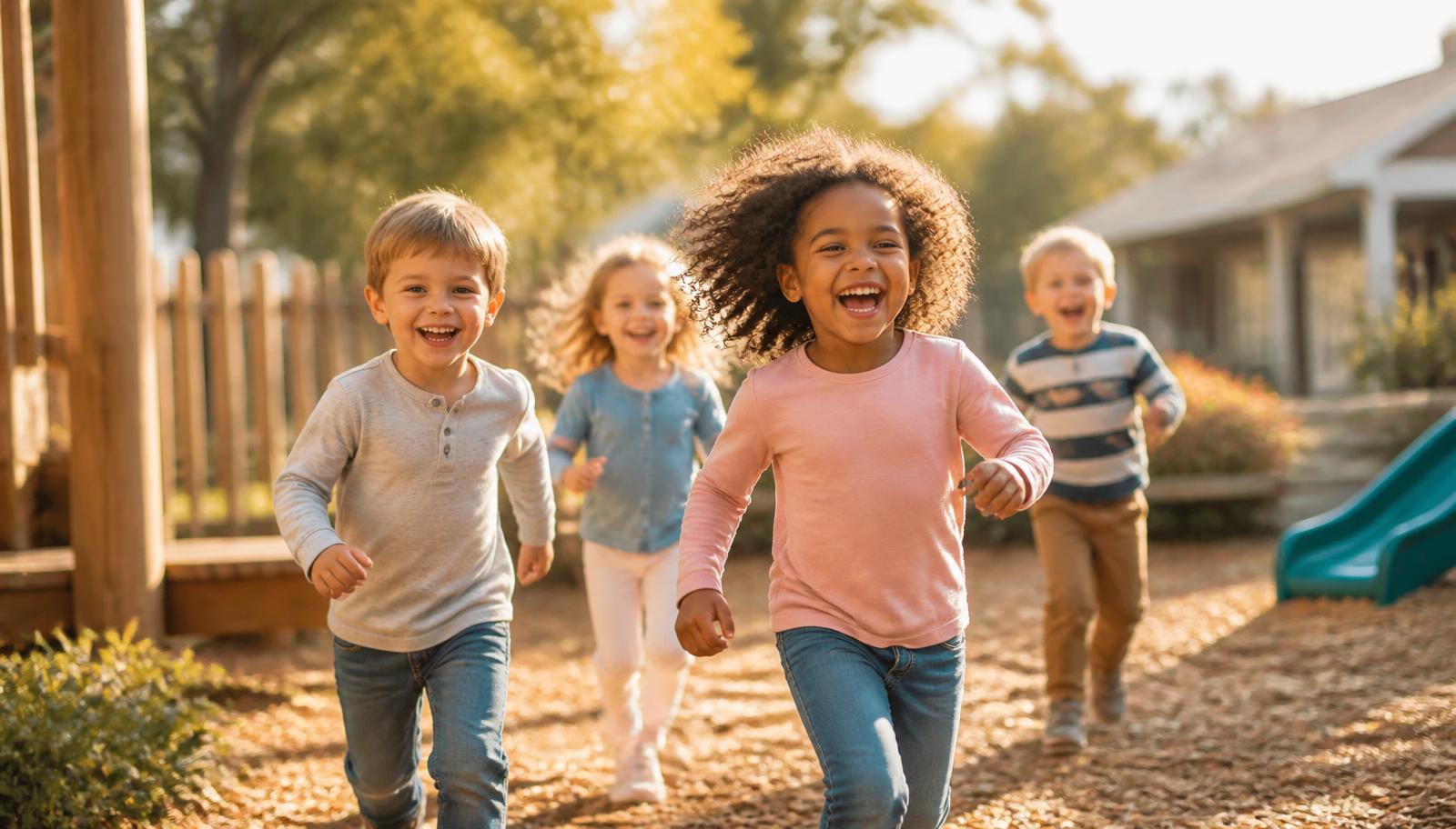 Laughing preschool children running and playing outside