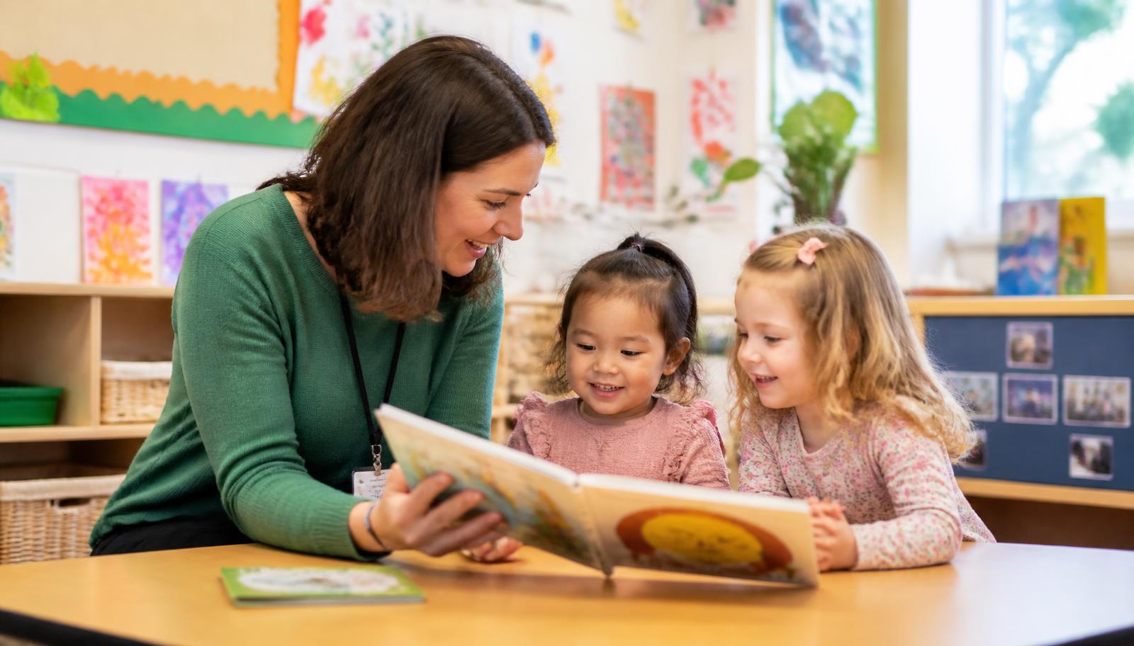 A preschool teacher reading a picture book to two smiling children